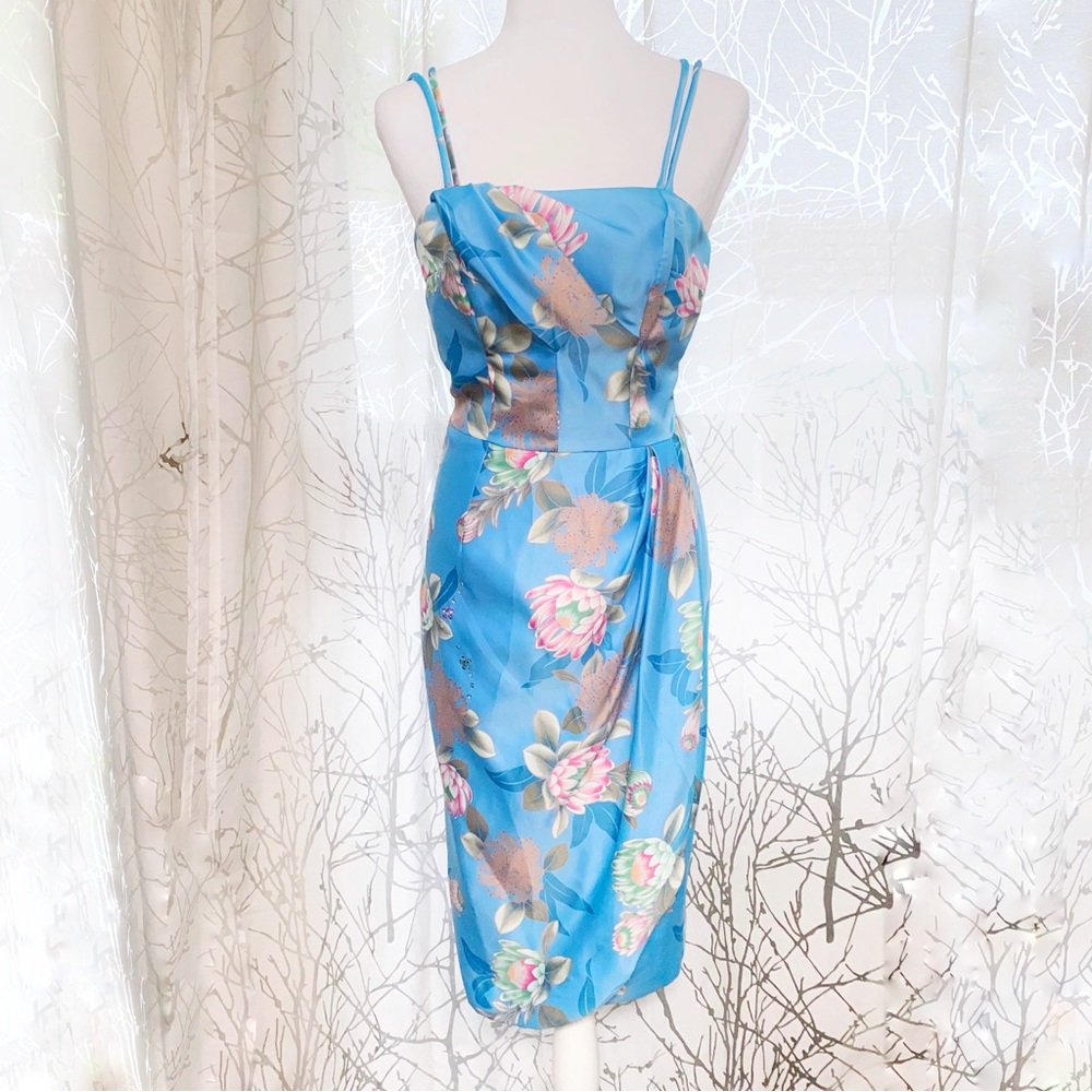 VINTAGE WALTAH CLARKE’S blue pink Hawaiian floral print sleeveless satin dress
